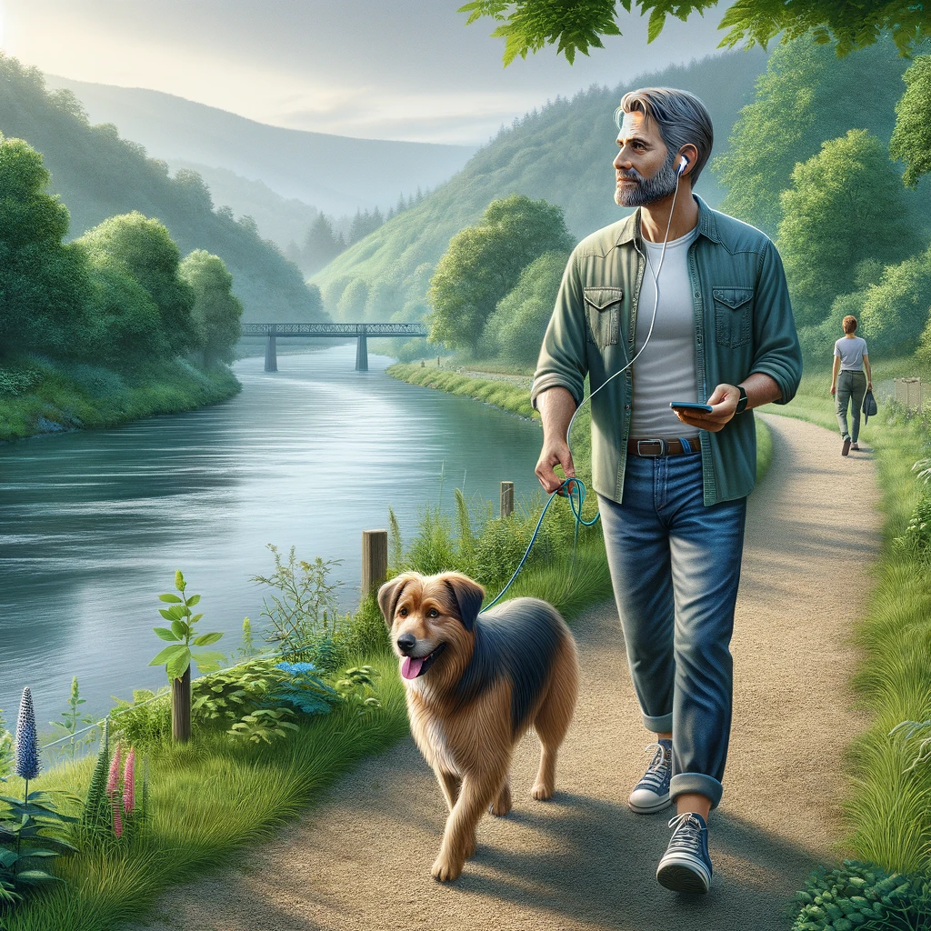 A detailed, realistic image of a middle-aged man listening to an audiobook