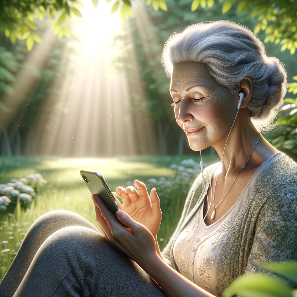 Older woman listening to audio on phone audio books