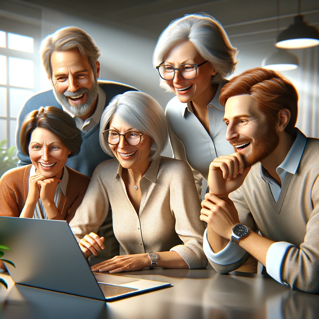 group of inspiored adults around computer