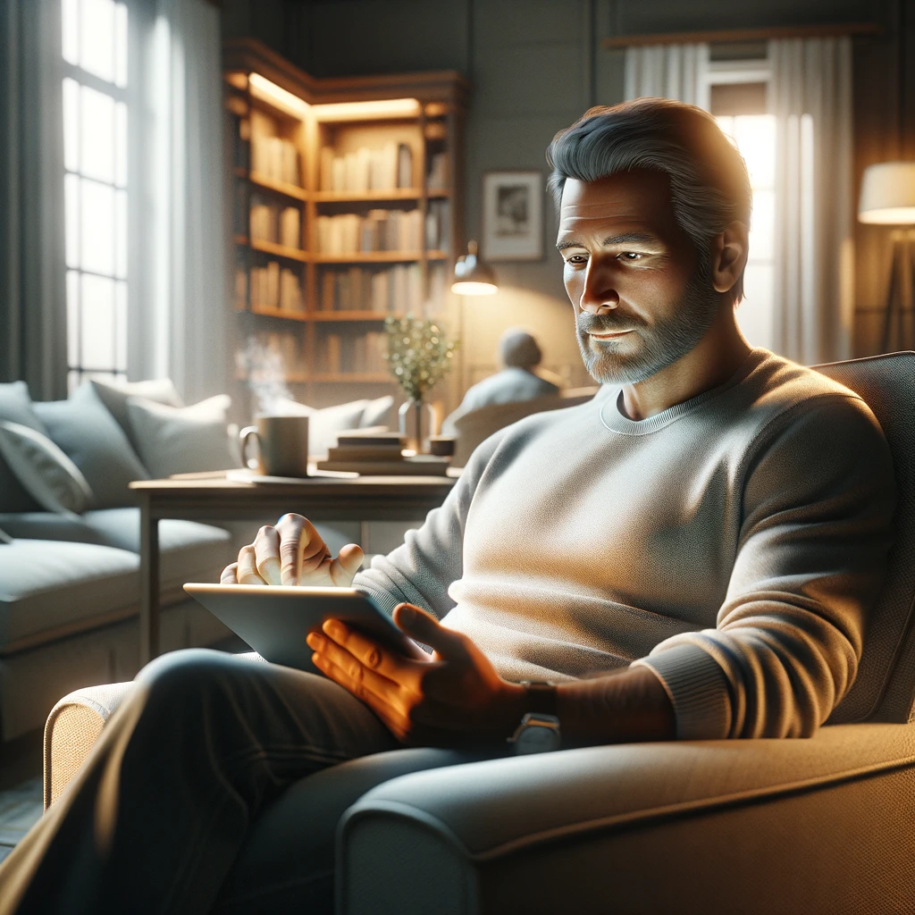 middleagingman readingebook reading in comfort and familiar surroundings